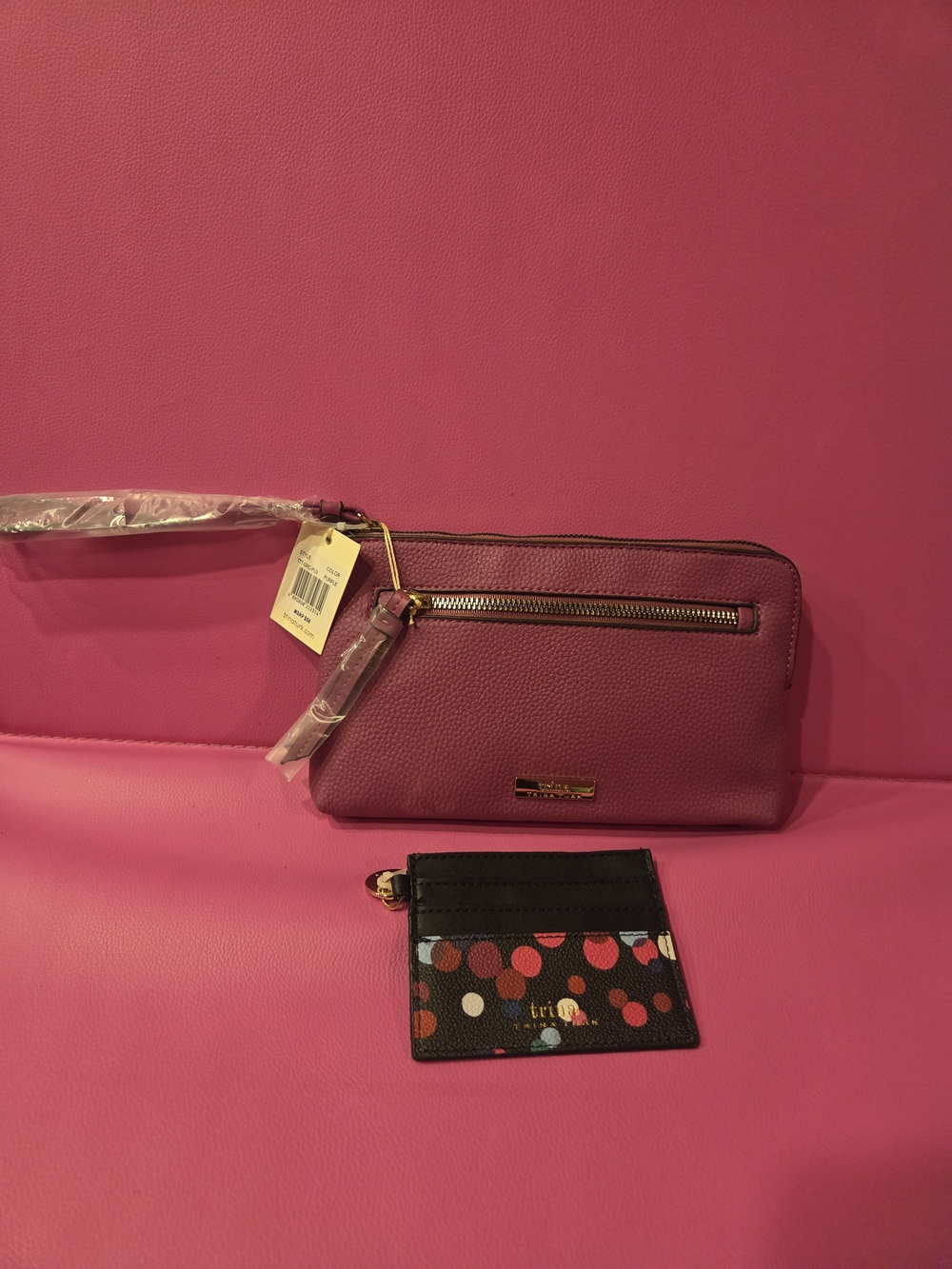 Trina Turk Putple Leather Wristlet with Polka Dot Card Wallet